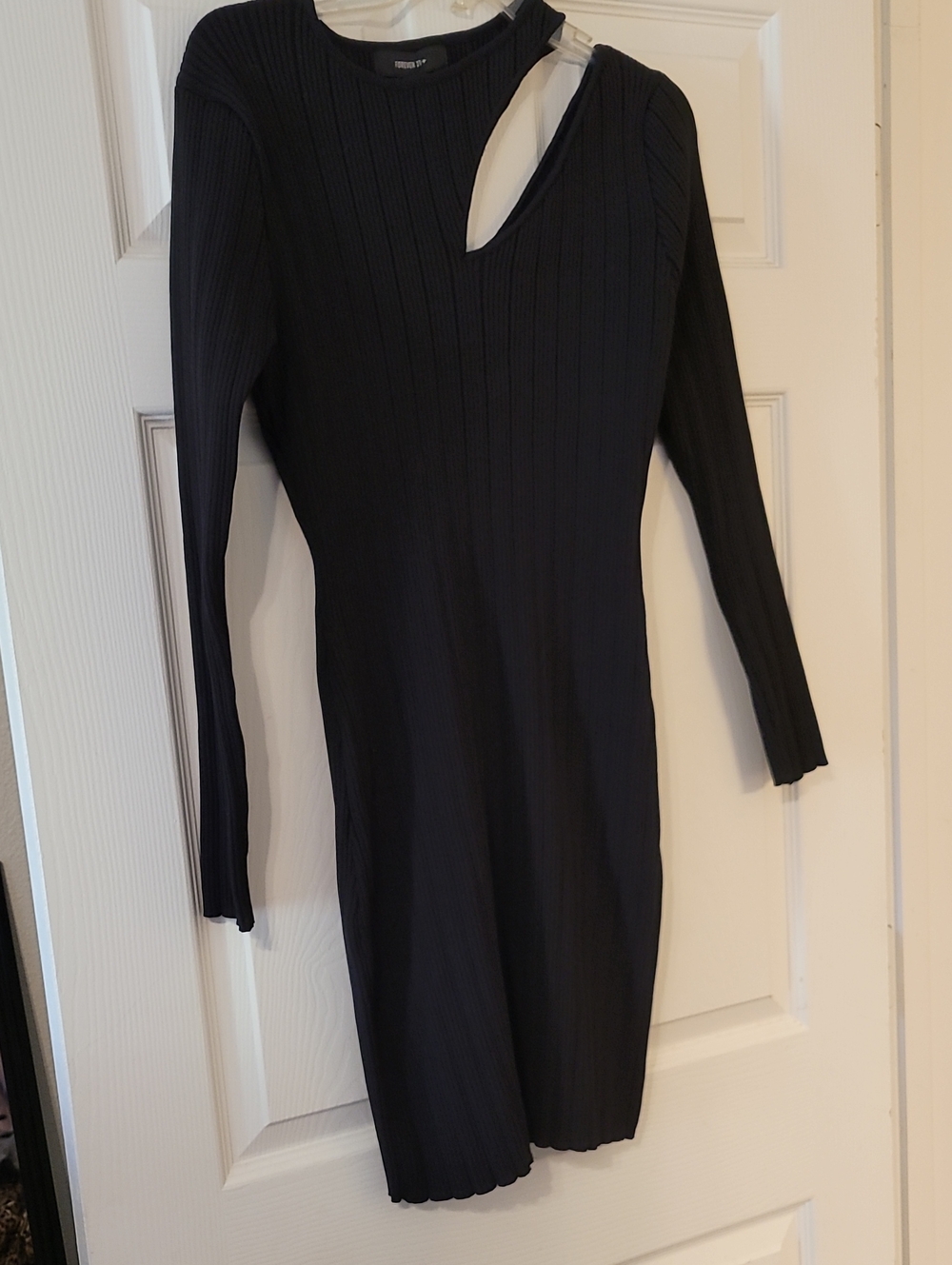 Ribbed Cutout Long Sleeve Dress - Black